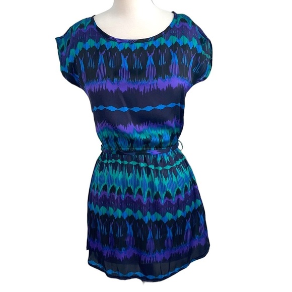 014: FOREVER 21 polyester mini dress blue purple cinched waist w/ ties in small - Picture 1 of 11